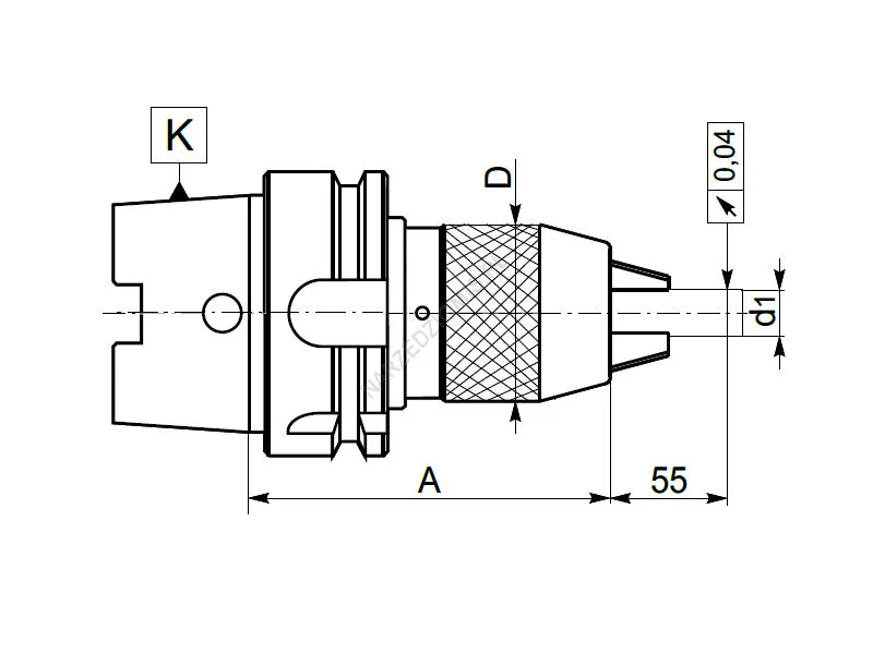 Rysunek techniczny: Oprawka z chw. HSK-A z uchwytem wiertarskim bezkluczykowym: T.5391 HSK63/FI13 150 KOLNO